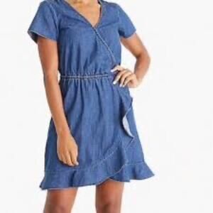J. Crew Chambray Dress Denim Jean Ruffle Faux Wrap Preppy nautical S NWT